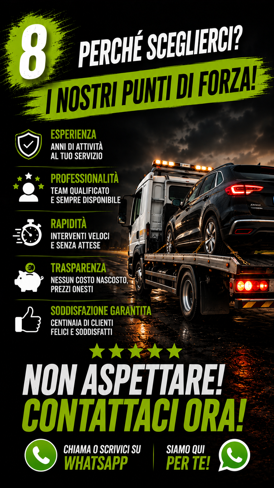 Creatività social con punti di forza del servizio di rottamazione auto.