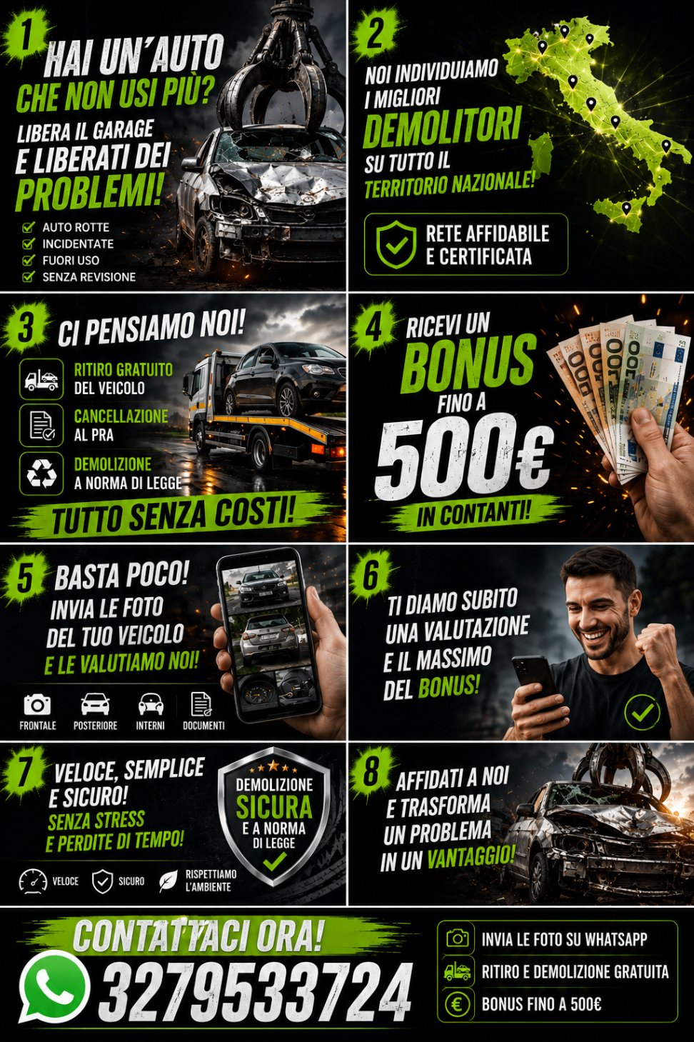 Mosaico di otto creatività della campagna Noi Rottamiamo Auto.