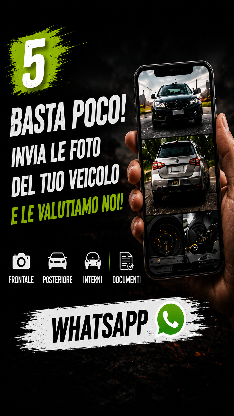 Creatività social che invita a inviare le foto del veicolo su WhatsApp per la valutazione.